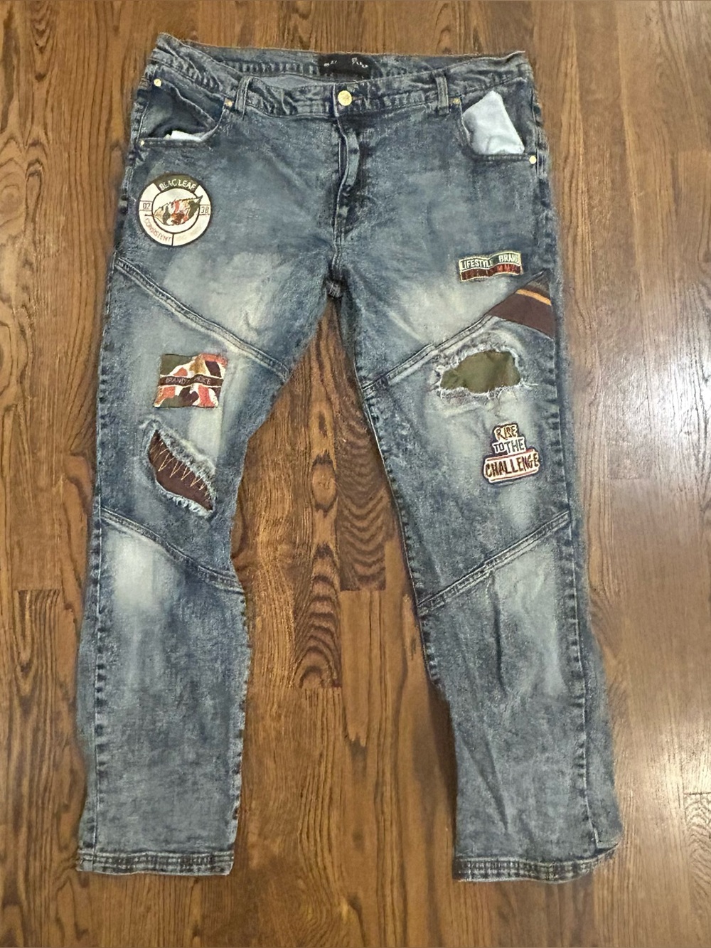 BLAC LEAF Distressed Patchwork Moto Jeans